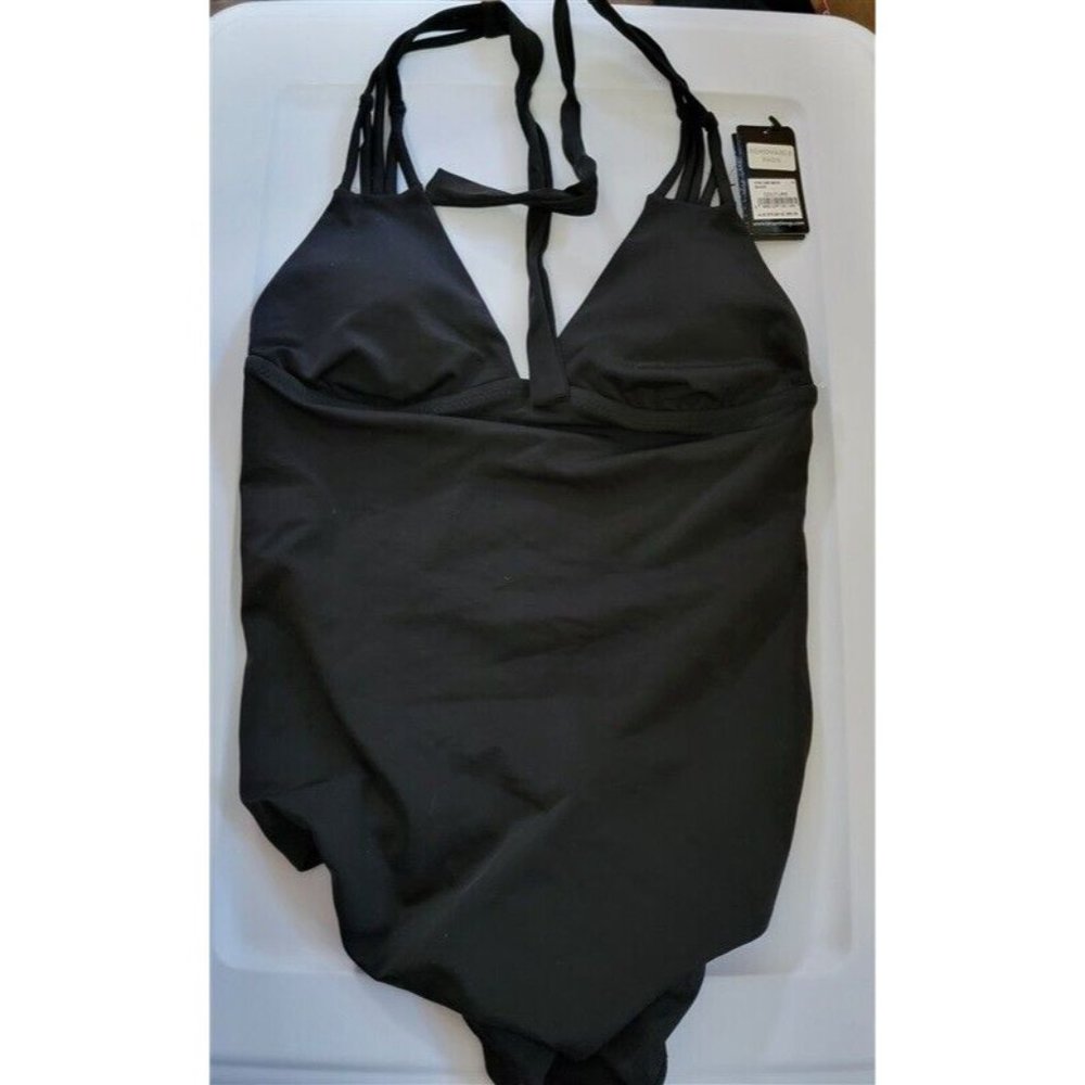 NWT Bras N Things Plunge Halter Sz 10 AU Sz 6 US 1PC Swimsuit black 110543
